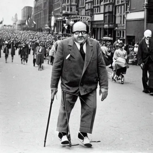 Image similar to danny devito walking with stilts during the great parade festival circa 1 9 3 9