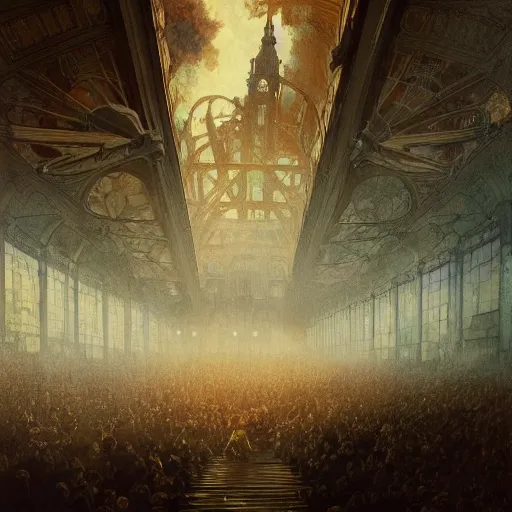 Prompt: portrait of a pipe organ facade surrounded by smoke, battle damage, sunset glow around the ceiling, full body portrait, intricate, elegant, highly detailed, digital painting, artstation, concept art, smooth, sharp focus, illustration, art by goya and greg rutkowski and alphonse mucha, background is a city in ruins, no people