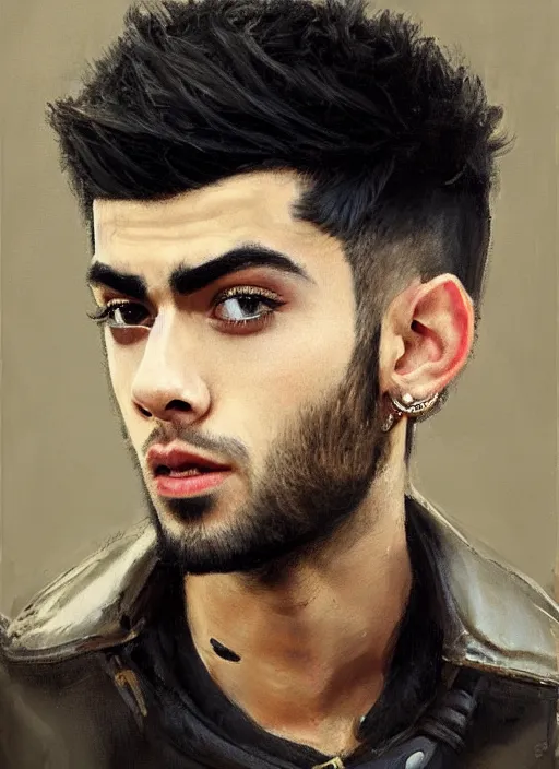 Image similar to portrait painting of zayn malik as an elf by jeremy mann, wearing leather high collared jacket, only one head single portrait, pointy ears