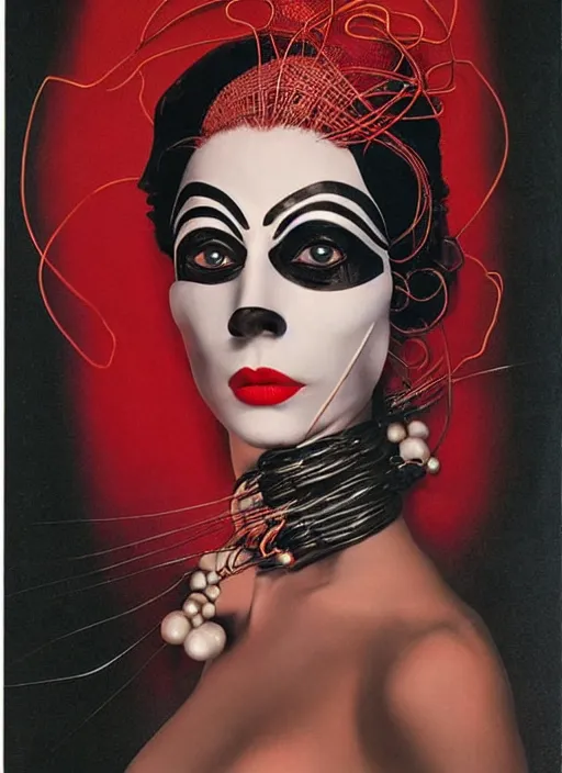 Image similar to an 8 0 s portrait of a woman with dark eye - shadow and red lips with dark slicked back hair, a mask made of wire and beads, dreaming acid - fueled hallucinations by serge lutens, rolf armstrong, delphin enjolras, peter elson, red cloth background