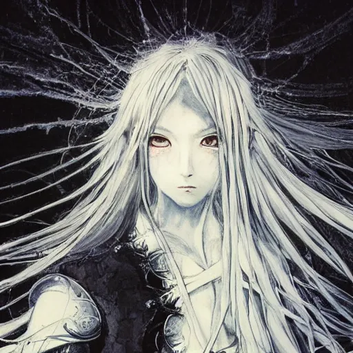 Image similar to yoshitaka amano blurred and dreamy illustration of an anime girl with black eyes, wavy white hair and cracks on her face near eyes wearing elden ring armour with the cape fluttering in the wind, abstract black and white patterns on the background, noisy film grain effect, highly detailed, renaissance oil painting, weird portrait angle