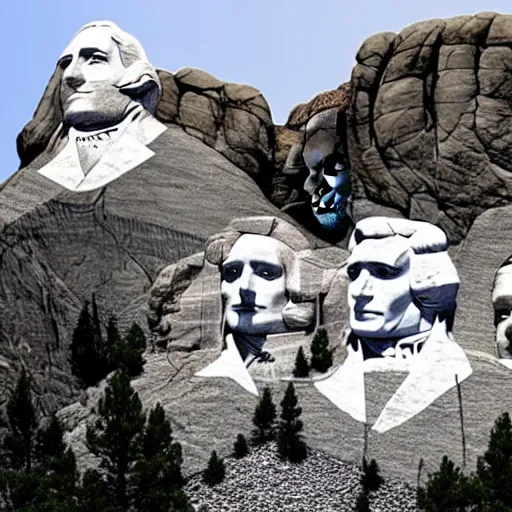 Prompt: a photo of mount rushmore after donald trump's face had been added. the photo clearly depicts the facial features of donald trump and his particular hair style carved into the stone at the mountain top, centered, balances, regal, pensive, powerful, just