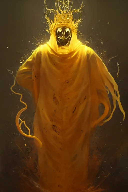 Image similar to A full body portrait of a mysterious character with no face with a very long hooded yellow cloak, a golden crown floating above his head tentacles coming out the ground art by Maciej Kuciara and Jason Chan, ominous, cosmic horror, trending on artstation, Ultra detailed, hyper realistic 4k