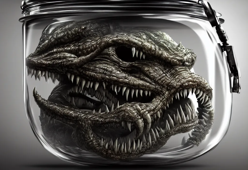 Image similar to Photorealistic miniature monster inside a jar on clean background by H.R. Giger, KDA and Sam Yang, trending on artstation