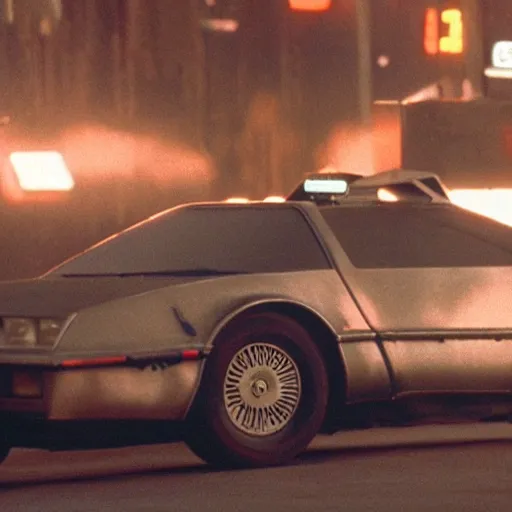 Image similar to cinematic still, blade runner, roger rabbit in a flying delorean, high quality, futuristic