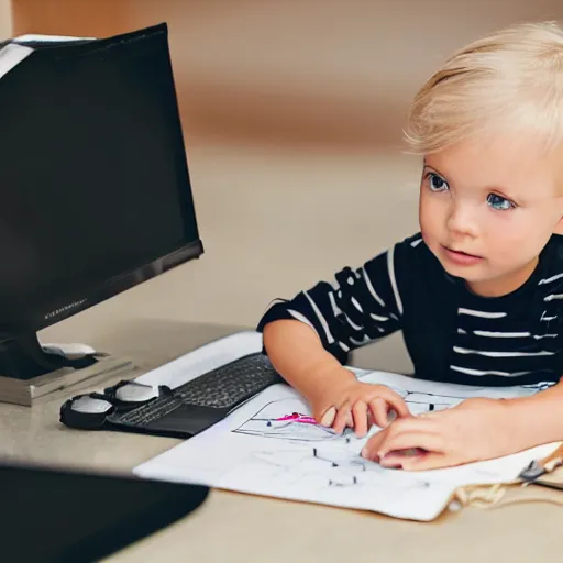 Image similar to a blonde toddler child infant baby girl working CAD computer drafting, civil engineer, sitting at a desk