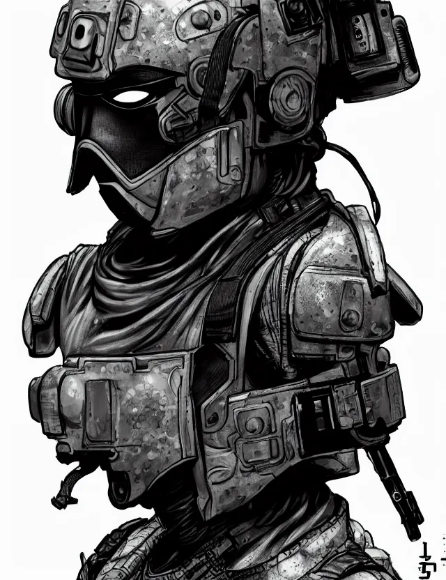 Prompt: a detailed manga portrait of a masked special forces soldier wearing dark advanced cyborg tactical gear, trending on artstation, digital art, 4 k resolution, detailed, high quality, sharp focus, hq artwork, coherent, insane detail, character portrait