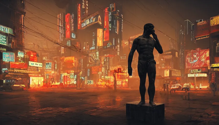 Image similar to a small weathered ancient greek sculpture standing in a square, surrounded by cyberpunk city, neon sign, bladerunner, digital illustration, artstation, cinematic composition