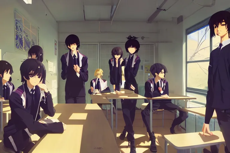 Prompt: boy's love anime modern high school classroom in winter clear day, expert high detail concept art, perfect proportions fine - face, vivid colors, photorealistic shaded lighting poster ilya kuvshinov, katsuhiro, jeremy lipkin and michael germash, makoto shinkai, wlop loish and clamp style, trending on art station, best selling artist