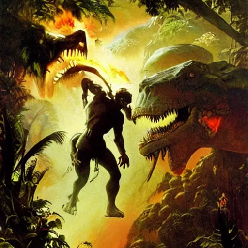 Image similar to an adventurer descends to the hollow earth, action shot, tropical forest, dinosaurs, intense lighting, painting by Frank Frazetta