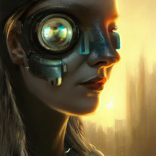 Image similar to extremely detailed portrait of a cyberpunk woman, eye implants, street vendors, citizens, augmented cyborgs, robots, skyscapers, buildings, clouds, sunset, painted by seb mckinnon, high detail, digital art, painted by greg rutkowski, trending on artstation