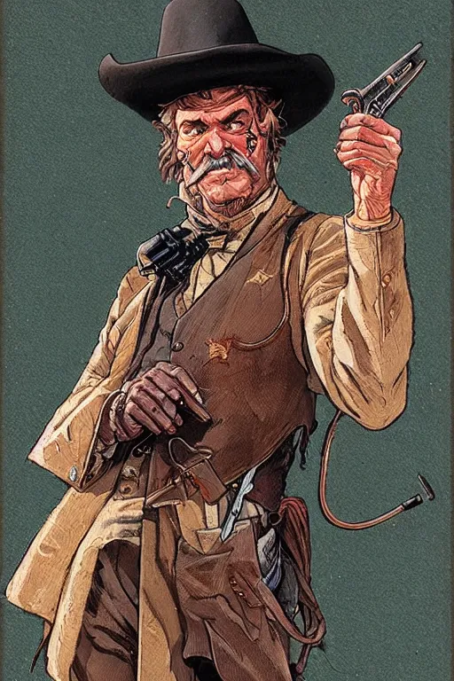 Image similar to vernon. Smug old west circus sharpshooter. concept art by James Gurney and Mœbius.