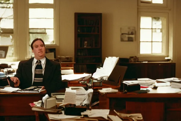 Prompt: cinematic still of portly clean-shaven white man wearing suit and necktie at his desk in his office in 1994 film, XF IQ4, f/1.4, ISO 200, 1/160s, 8K, RAW, dramatic lighting, symmetrical balance, in-frame