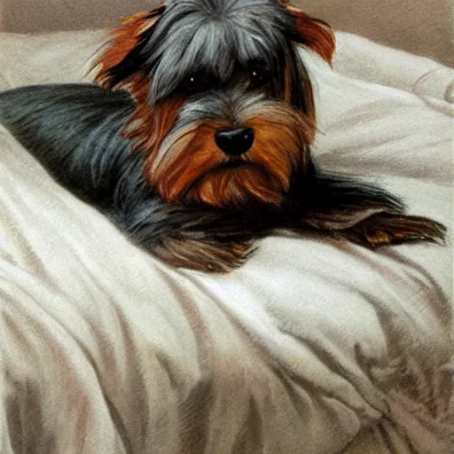 Image similar to an old happy brown and gray Yorkshire terrier dog lounging in a white bed, long hair, extremely detailed masterpiece, illustration, by Michael Sowa,