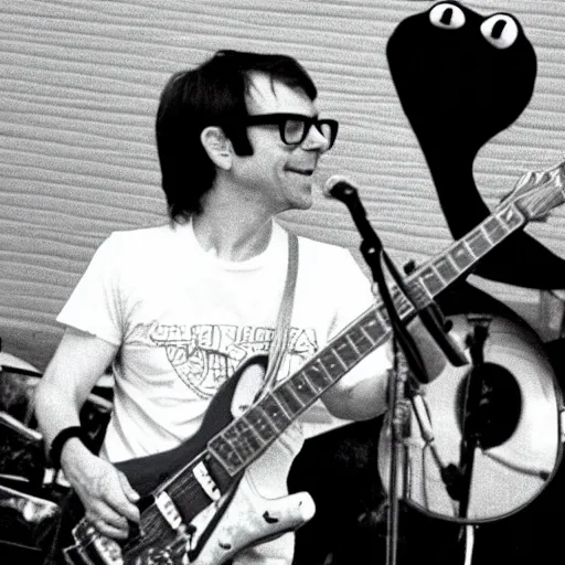 Image similar to Rivers Cuomo from Weezer playing with Kermit the Frog at a concert, mid 1990’s, vhs quality