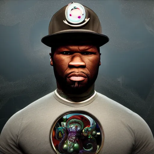 Image similar to 50 Cent as Thomas the Train face , tentacles, unnatural shapes, jellyfish, insect, octane render, 3d digital art by beeple, unreal engine 5, award winning