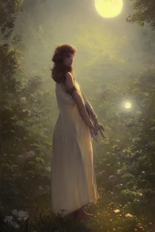 Prompt: a beautiful painting of garden, moon, girl, by greg rutkowski, trending on artstation