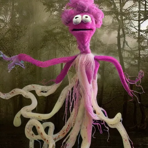Image similar to ethereal spectral live action muppet ghost like figure with a parasitic squid head taking over its own with four long tentacles for arms that flow gracefully at its sides like a cloak, it has a mermaid like body with a snake tail instead of legs, it stalks around frozen forests searching for lost souls to consume, hides in the shadows of trees, this character uses hydrokinesis and electrokinesis, it is a real muppet by sesame street, photo realistic, real, realistic, felt, stopmotion, photography, sesame street, monsters inc pixar