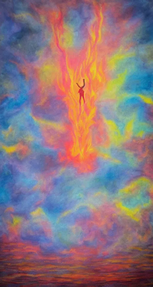 Image similar to the dream breaks apart into the apocalypse, pastels turning into flames