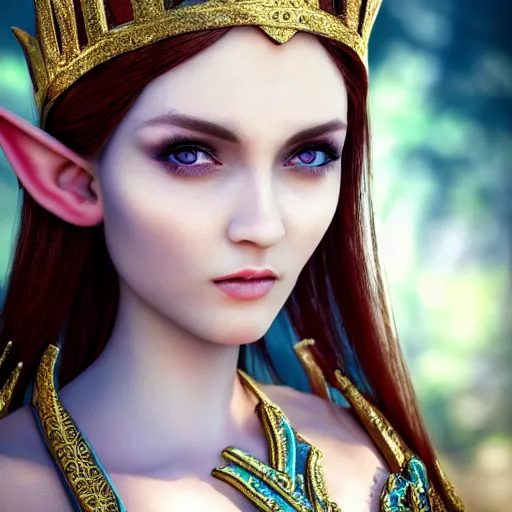 Prompt: beautiful elf queen, eye contact ,highly detailed, 4k, HDR, smooth, sharp focus, hyper realistic, high resolution, award-winning photo