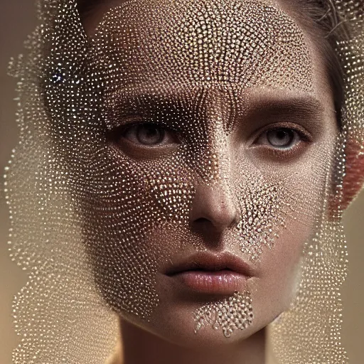 Image similar to full shot of a regal brown woman wearing an intricate and detailed armor made of thousands of dew drops. refracted light. reflections. morning dew.. delicate. translucent. no makeup!! haunting eyes. vulnerable. fragile. ethereal. refracted light. by louise dahl - wolfe. by michal karcz. octane render