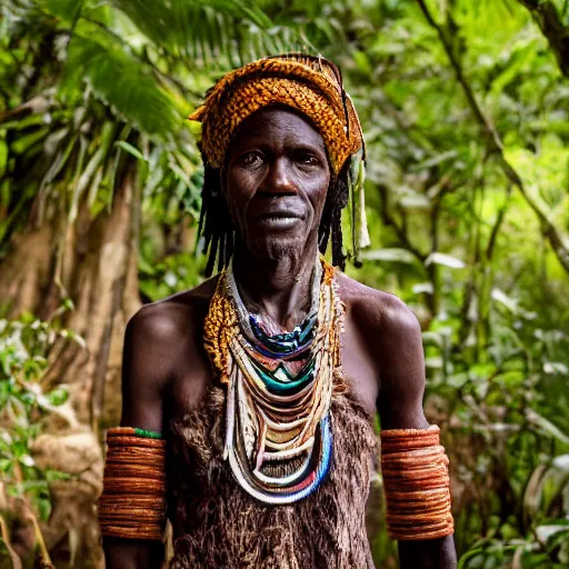 Prompt: Portrait picture of an African tribal leader from the 1800s, deep within the jungle, untamed by Western believes. F1.4, 50mm