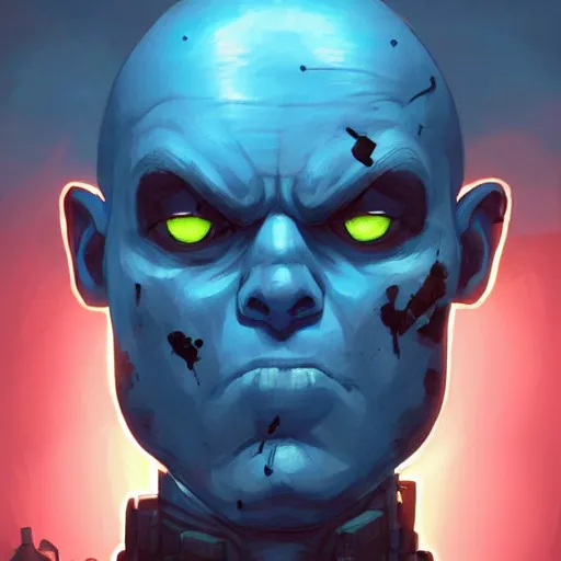 Prompt: headshot of an angry soldier with glowing blue eyes, a bald head and blue skin with many scars, rogue trooper, cyberpunk dark fantasy art, gta 5 cover, official fanart behance hd artstation by jesper ejsing, by rhads, makoto shinkai and lois van baarle, ilya kuvshinov, ossdraws