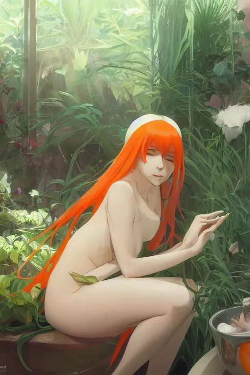 Image similar to a girl with long white hair lying in a bathroom bath at afternoon, plants, green and orange theme, s line, 4 5 angel by krenz cushart and mucha and makoto shinkai and akihito yoshida and greg rutkowski, 4 k resolution