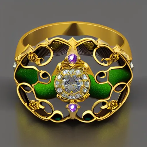 Prompt: mystical gold and diamond female ring with fine purple and green details, ultra detailed, centered, octane render, elegant, caustics