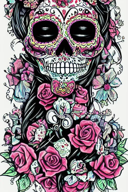 Image similar to illustration of a sugar skull day of the dead girl, art by don ed hardy