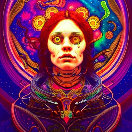 Image similar to An extremely psychedelic experience, colorful, surreal, dramatic lighting, cosmonaut, LSD, face, detailed, intricate, elegant, highly detailed, digital painting, art nouveau, tarot, artstation, concept art, smooth, sharp focus, illustration, art by Sam spratt, dan mumford, Artem Demura and alphonse mucha