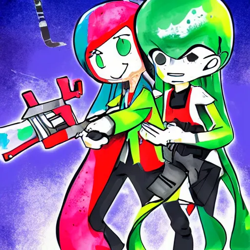 Prompt: inkling with splattershot, splatoon, comic art, anime art