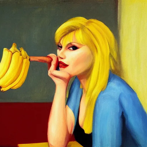 Prompt: blondie singer with banana, edward hopper painting