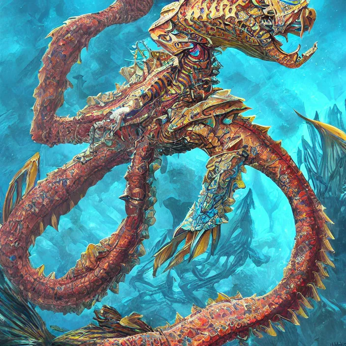 Image similar to underwater sea dragon full body, d & d style, trending on artstation, intricate, highly detailed, vivid painting, colorful, art by yugin maffioli