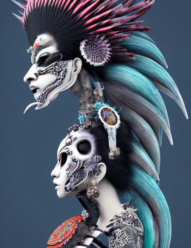 Image similar to 3 d goddess close - up profile portrait punk with mohawk with ram skull. beautiful intricately detailed japanese crow kitsune mask and clasical japanese kimono. betta fish, jellyfish phoenix, bio luminescent, plasma, ice, water, wind, creature, artwork by tooth wu and wlop and beeple and greg rutkowski