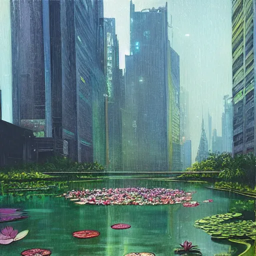 Prompt: “A beautiful painting of a water lily pond in rain, cyberpunk skyscrapers in distance, Trending on artstation, wide angle, by Mucha”