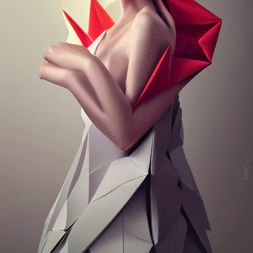 Image similar to 3 / 4 view of a beautiful girl wearing an origami dress, eye - level medium shot, elegant, by eiko ishioka, givenchy, by peter mohrbacher, centered, fresh colors, origami, fashion, detailed illustration, vogue, high depth of field, japanese, reallusion character creator