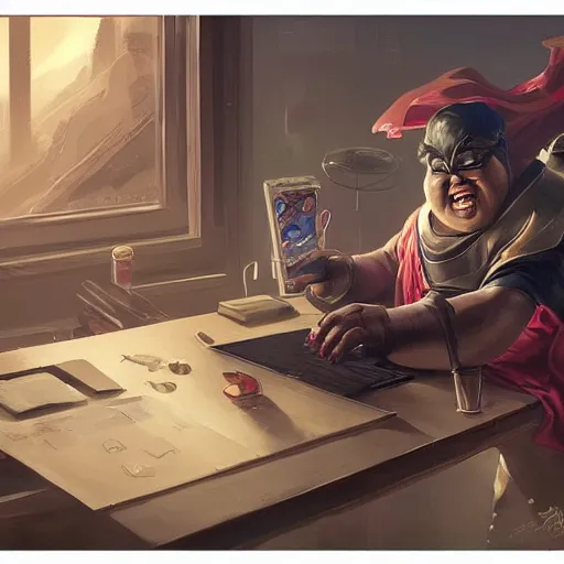 Image similar to a insanely detailed painting of a slightly overweight asian man wearing a homemade superhero costumed, sitting at a computer desk nervously typing on the keyboard, in the style of peter mohrbacher, dramatic lighting and composition, trending on artstation, concept art, comic book, graphic novel