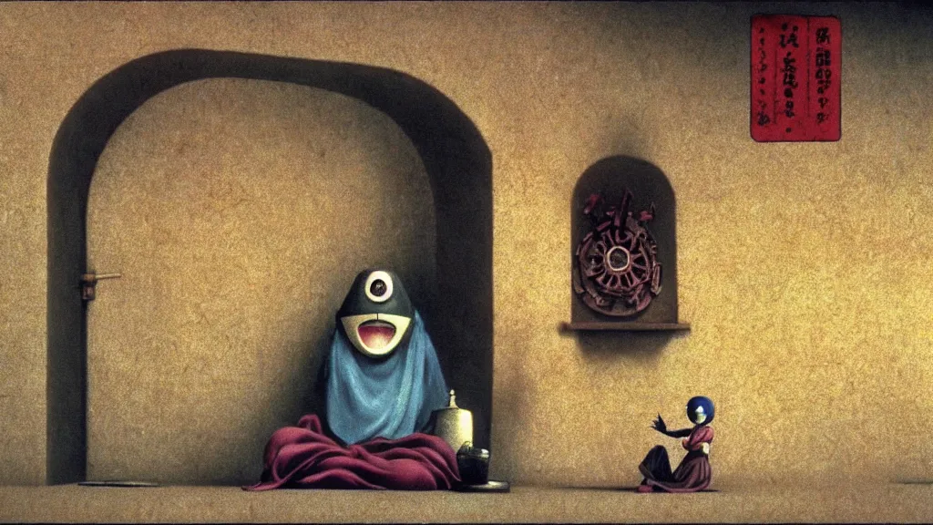 Prompt: an automata fortune teller wearing a mask telling a fortune, anime film still from Studio Ghibli movie with art direction by Zdzisław Beksiński, wide lens