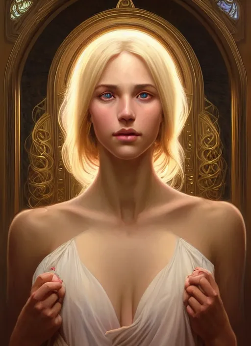 Image similar to beautiful feminine face!! portrait of young wife blessed by god with ever - increasing physical mental perfection, blonde, symmetrical! intricate, sensual features, highly detailed, divine holy perfection!! sci fi, digital painting, artstation, concept art, smooth, sharp focus, illustration, art by artgerm and greg rutkowski and alphonse mucha