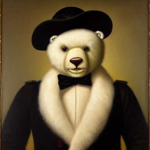 Image similar to head and shoulders portrait painting of a white teddy bear wearing a colonial outfit looking off camera, a character portrait, american romanticism, oil on canvas, diffused lighting