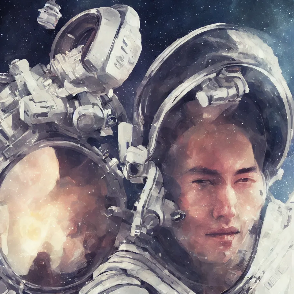 Image similar to an album cover of a detailed portrait of an astronaut wearing headphones art by joon ahn, cinematic, epic composition, hd, digital painting, digital art, concept art, illustration, comic art, stylized, masterpiece, award - winning