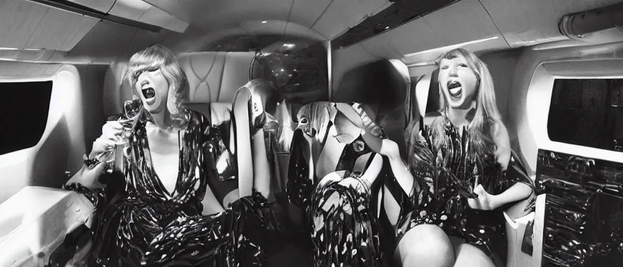 Prompt: Cinematography Taylor Swift Lauging and drinking champagne in her private jet by Emmanuel Lubezky