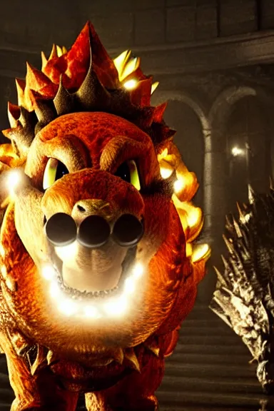 Image similar to very very intricate photorealistic photo of bowser in an episode of game of thrones, photo is in focus with detailed atmospheric lighting, award - winning details