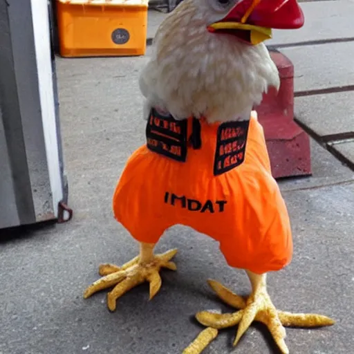 Image similar to chicken dressed as an inmate