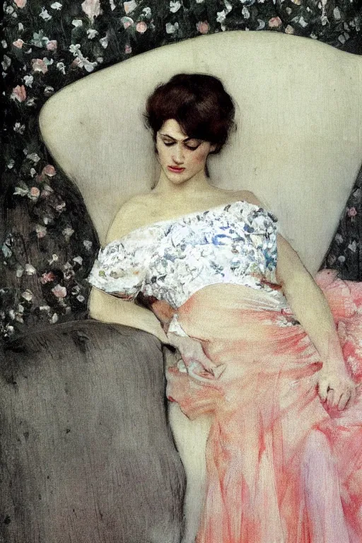 Prompt: european woman in a gown laying on couch, close up, bloom flowers, modern, eclectic, illustration, by ramon casas