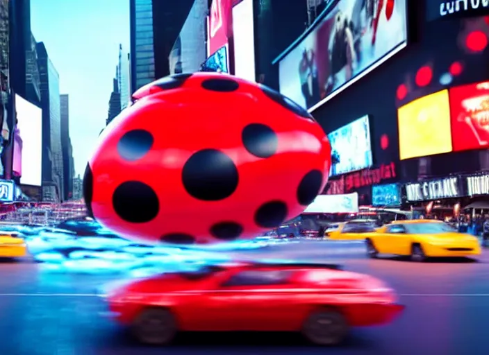 Image similar to film still of a giant ladybug driving a car through time square in a sci - fi movie, 8 k