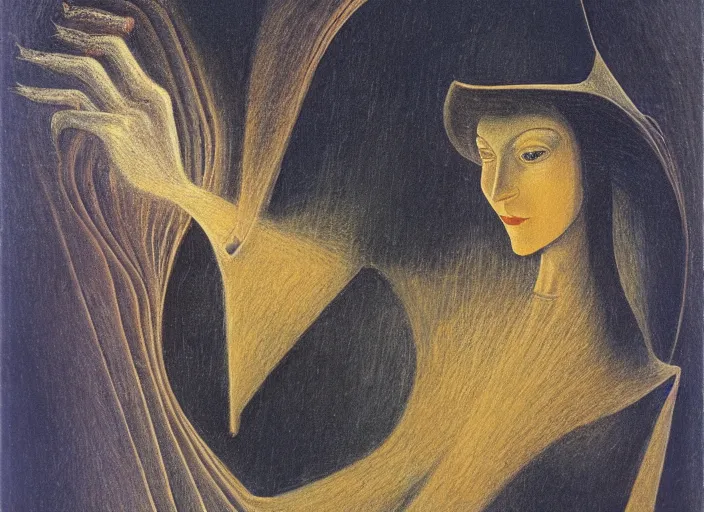 Image similar to a self portrait of the stable diffusion ai, by remedios varo, reflection, symbolist, soft colors, dramatic lighting, smooth, sharp focus, extremely detailed, aesthetically pleasing composition