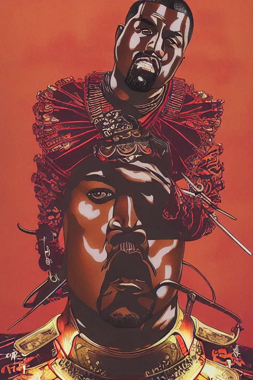 Prompt: poster of kanye west as a samurai, by yoichi hatakenaka, masamune shirow, josan gonzales and dan mumford, ayami kojima, takato yamamoto, barclay shaw, karol bak, yukito kishiro