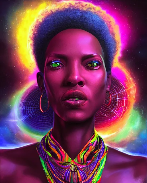 Image similar to a powerful energy psychedelic matrix african woman, by alexander fedosav, hyper detailed digital matte painting, concept art, hyperrealism, 1 6 k resolution, cinema 4 d, 8 k resolution, trending on artstation, behance hd, a masterpiece, by stephan martiniere, particles, cel - shaded, power bright neon energy, by david a. hardy,